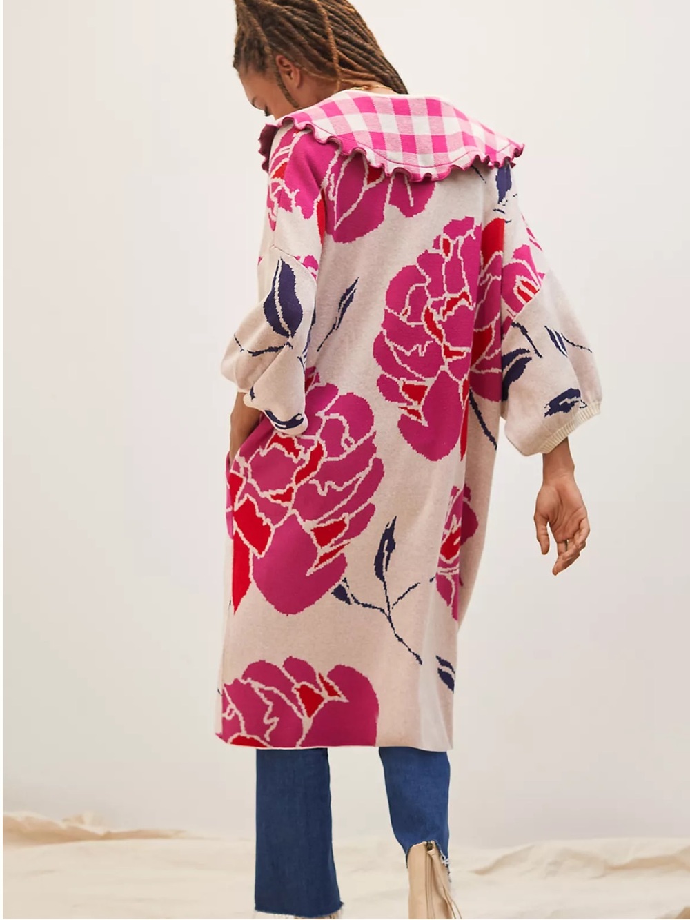 Anthropologie Bel Kazan Collared Duster Cardigan Pink Floral Longline Boho-OS